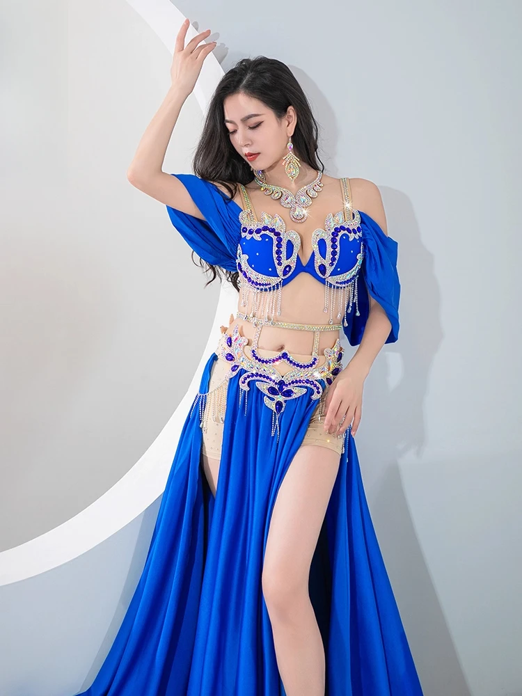 Nuovo stile costume da spettacolo di danza del ventre doppia fessura splendida gonna ampia altalena vestito da competizione di gruppo di danza orientale