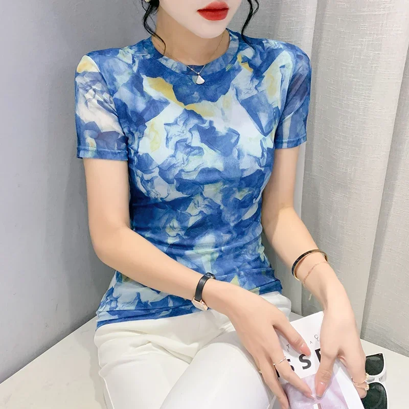 2024 Summer Fashion Screen Printing Positioning Flower Short Sleeve Round Neck Slimming Top Mesh T Shirt Free Shipping