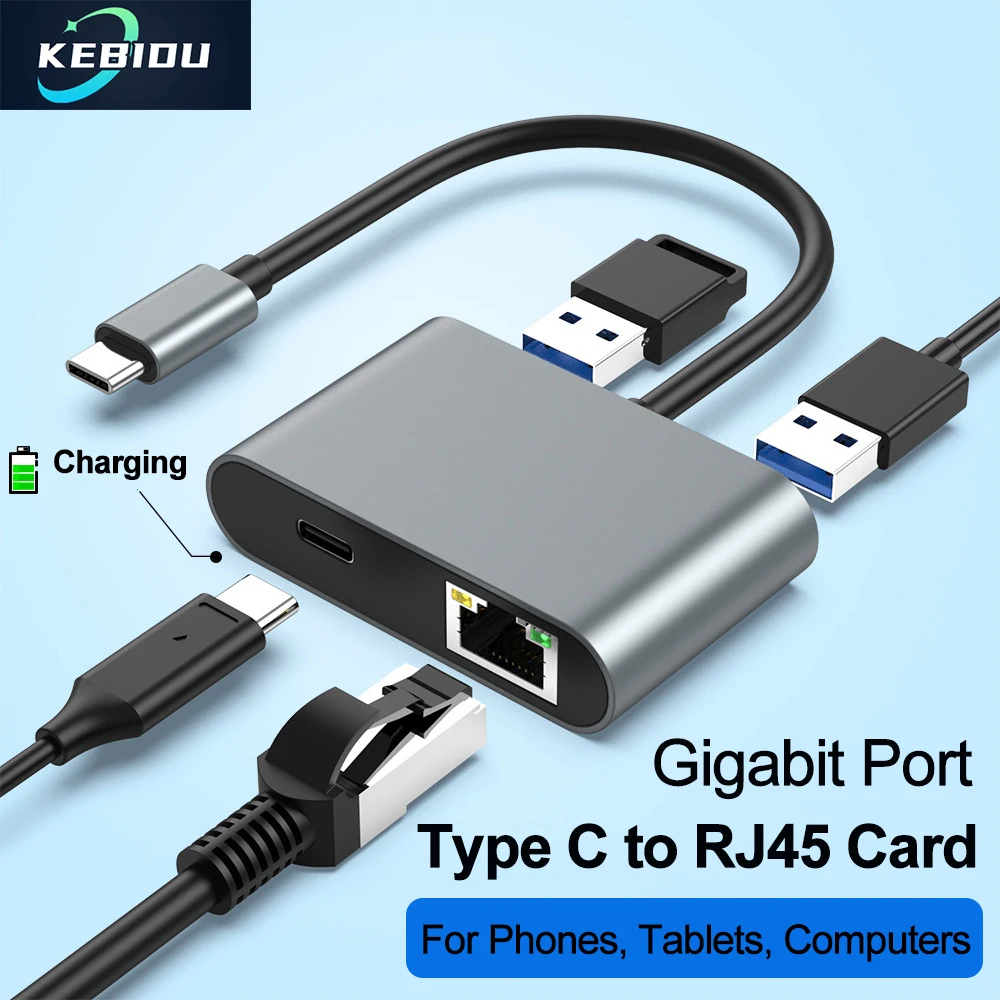 

1000 Мбит/с USB C Ethernet-адаптер 60 Вт PD Зарядка Type-C к RJ45 Gigabit Ethernet Сетевая карта USB-удлинитель-концентратор для телефонов и ноутбуков