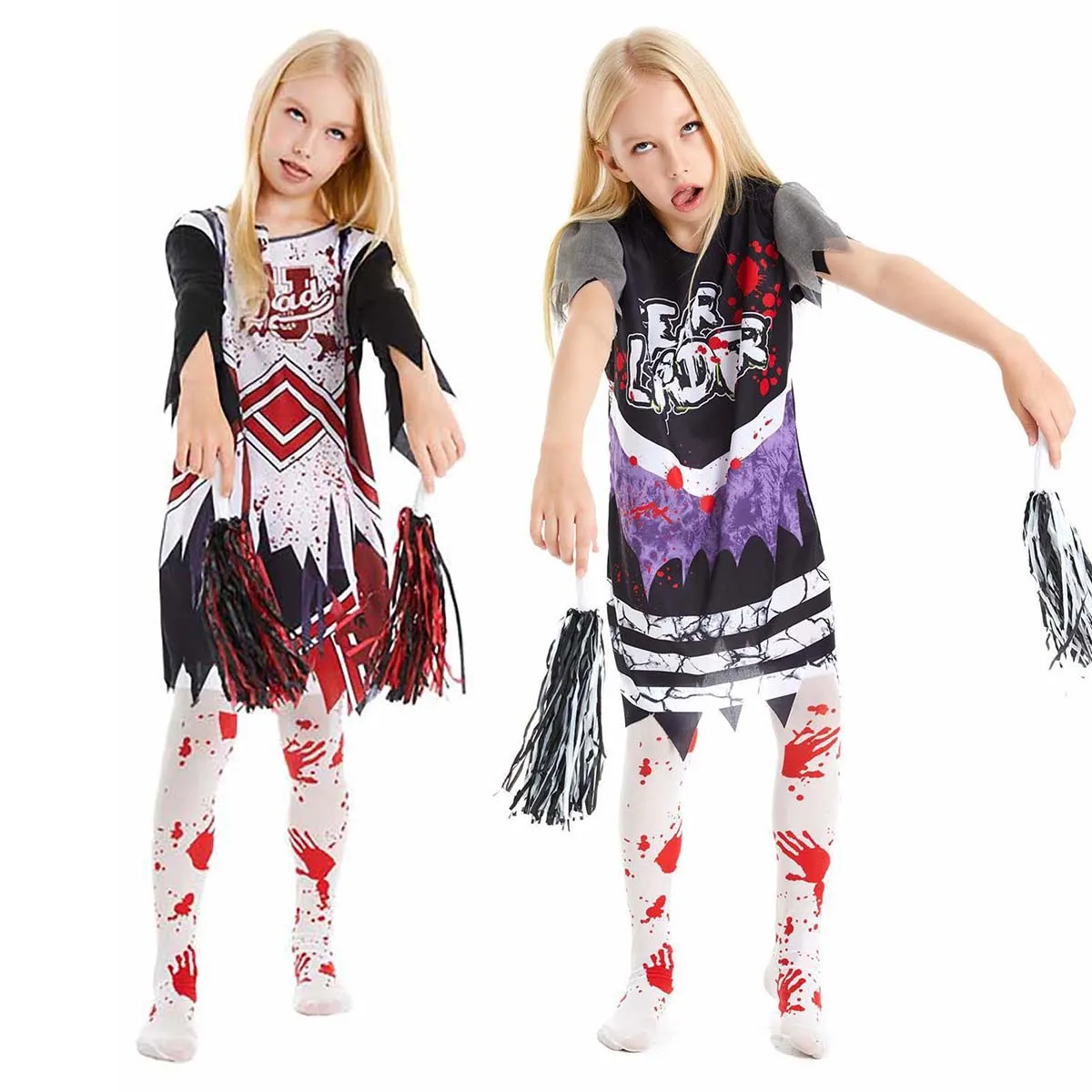 Halloween Costume High School Girls Kids Outfit Full Set Kid zombie cheerleader Costume With pom-poms Sock