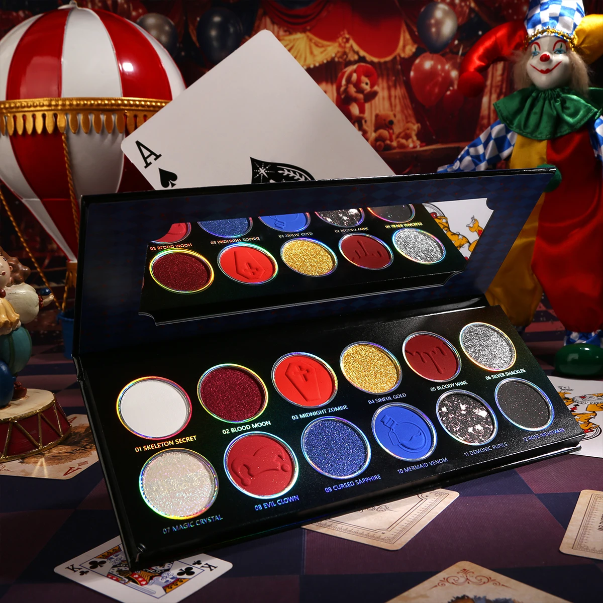 Paleta de sombras multicromadas azuis vermelhas, sombra brilhante prateada metálica de alto pigmento para maquiagem gótica, palhaço/joker esfumaçado