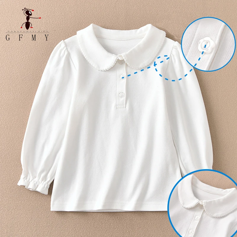 الأطفال قميص بولو كم طويل 100% القطن قميص الصلبة صبي الفتيات لفة الرقبة تي شيرت أبيض للمدرسة 2T-16T اليابان نمط القمم