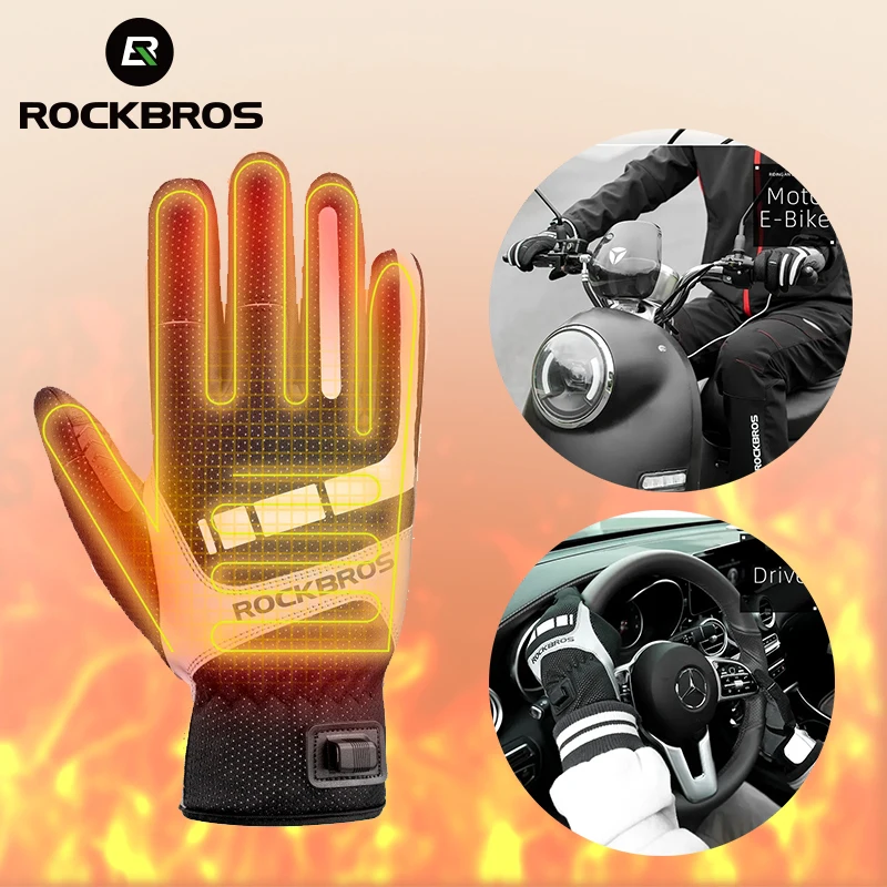 ROCKBROS Cycling Heated Gloves Touch Screen Winter Warm Gloves USB Windproof Bicycle Gloves Keep Warm Motorcycle Gloves