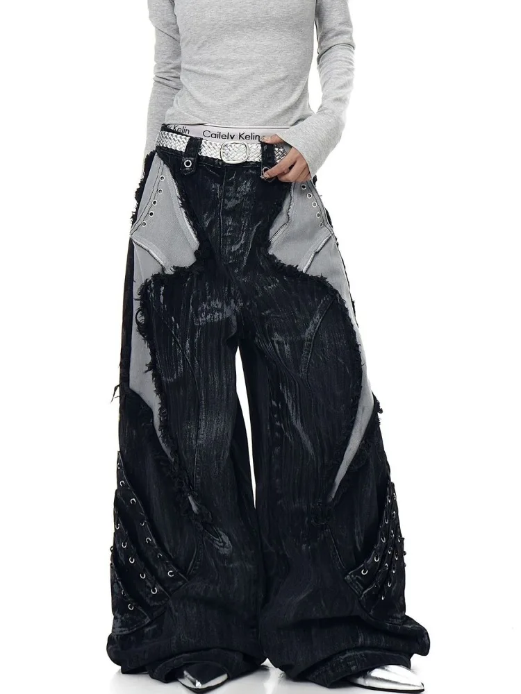 Women's Edge Stitching Design Punk Dirty Jeans Street Casual Style Cool Girl Bottoms Female Baggy Retro Unisex Black Trousers