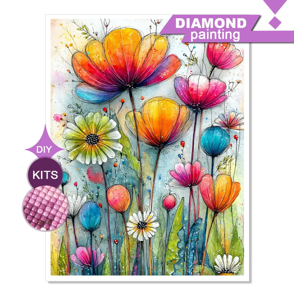 Huacan Vollquadratische Runde Diamant-Malerei Mehrfarbige Wildblumen Diamant-Stickerei Kunstbild aus Strasssteinen