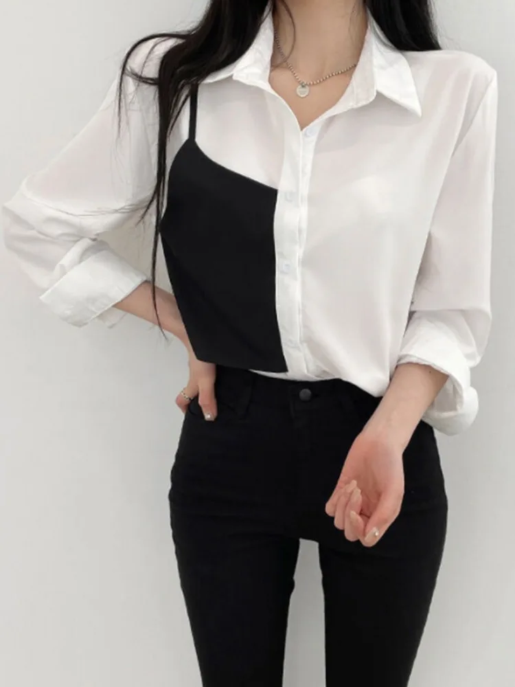 Csa de Manga Larga con Diseño Asimétrico Chic, Cierre de un Solo Botón, Bloques de Color, Estilo de Dos Piezas Falsas, par...