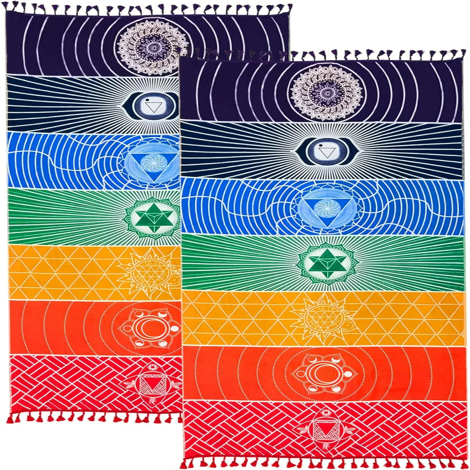 Luxurious Thick Boho Chakra Meditation Mats - Set of 2, Vibrant Spiritual Reiki Chakras Wall Decor with Beach Sunscreen Shawls -