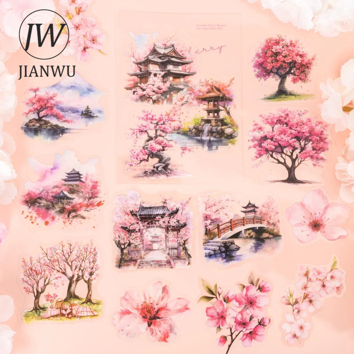 JIANWU Encounter Cherry Blossom Rain Series Vintage Flower Landscaping Material Collage PET Sticker Creative Journal Stationery