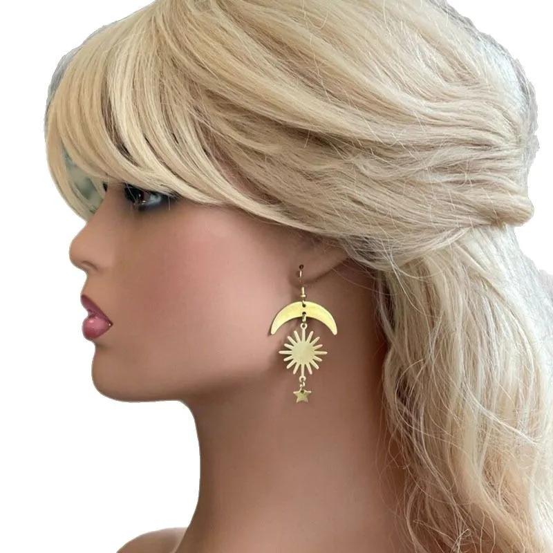 أقراط نحاسية على شكل الشمس والقمر والنجوم الذهبية، هدية على شكل أجسام فلكية، مجوهرات عصرية بأسلوب بوهيمي، مشابك أذن من النحاس... #5