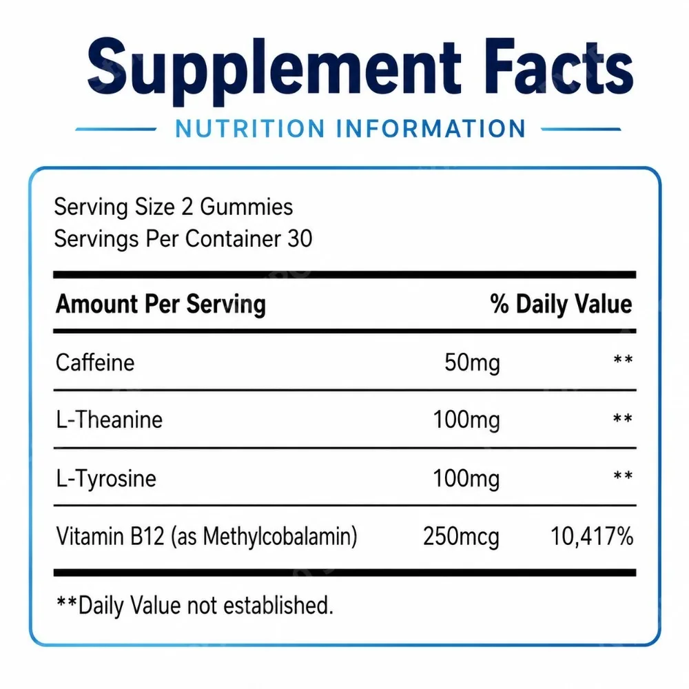 Energy Focus Gummies Caffeine L-Theanine L-Tyrosine Vitamin B12 Brain Boost Calm Clean Sustained No Jitters Nootropic 60 Gummies