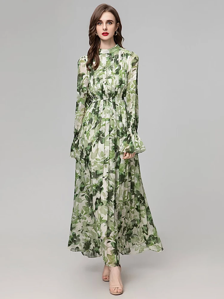 Women's Spring Summer New High Quality Fashion Party Green Print Pleated Flocking Casual Beach Holiday Bohemian Chic Long Dress