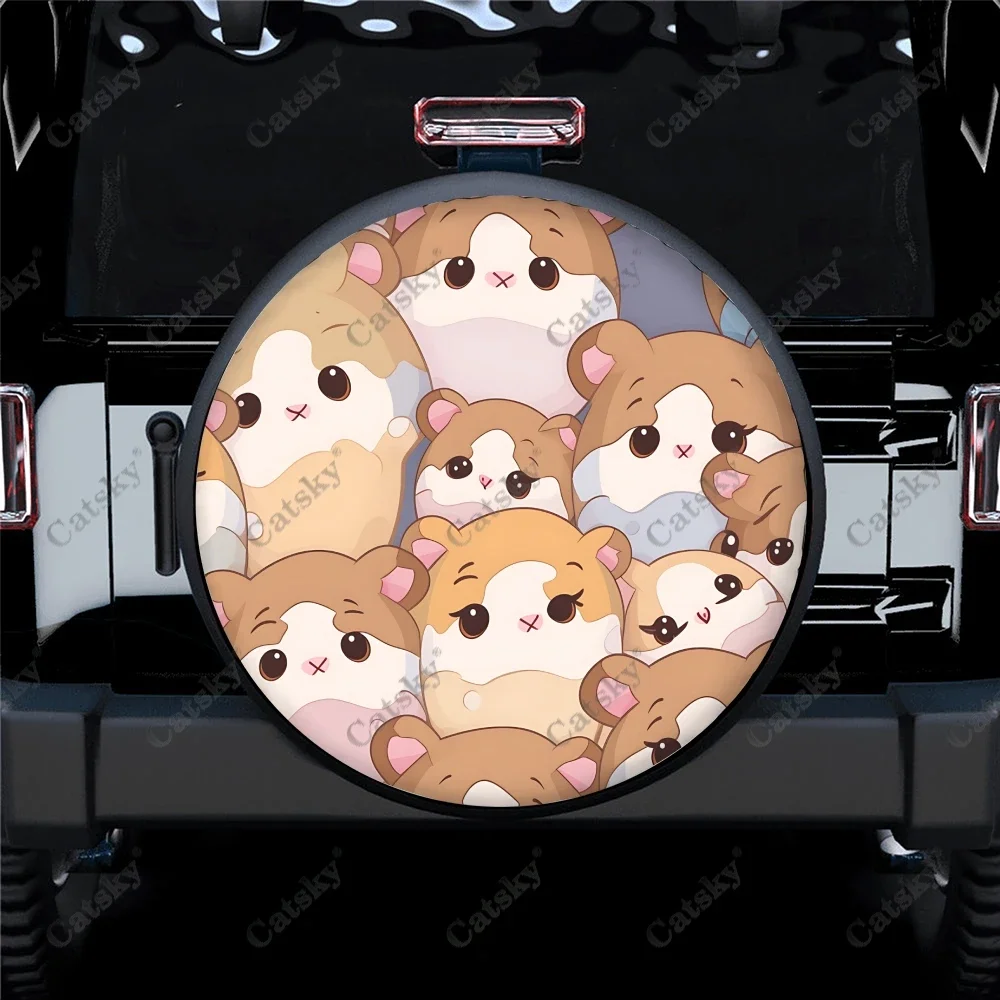 Cute Brown European Hamster Pattern Polyester Universal Spare Wheel Tire Cover Wheel Covers for Trailer RV SUV Truck Camper