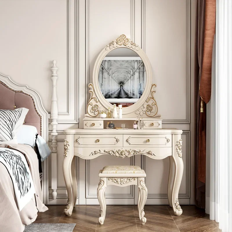 White Makeup Dressing Table For Girl Mirror European Luxury Dressing Table Mirror Chair Tocador Maquillaje Bedroom Furniture