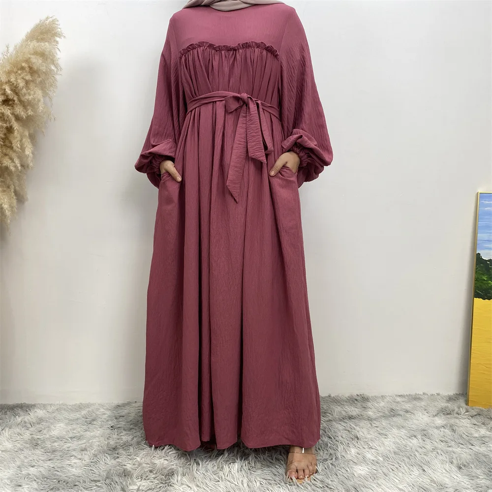 Muslim Women Middle East Dubai Loose Sleeves Robe Dress Abaya Solid Color with Side Pockets