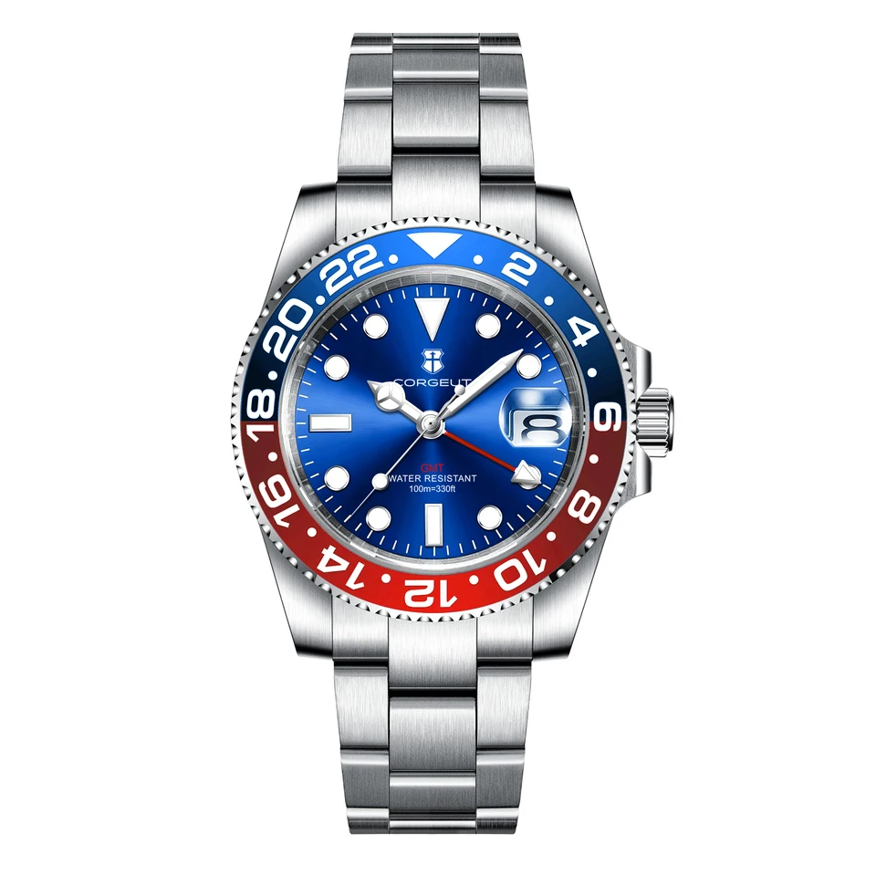 CORGEUT 新しいメンズ機械式腕時計ジュビリーステンレスクォーツ GMT