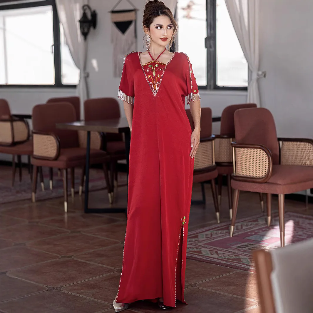 

Ba5182 Red Robe Handmade Embroidery Tassel Fashion Halter Neck Split Hem Dress Robe Abaya Ramadan Dubai Luxury Islam Elegant