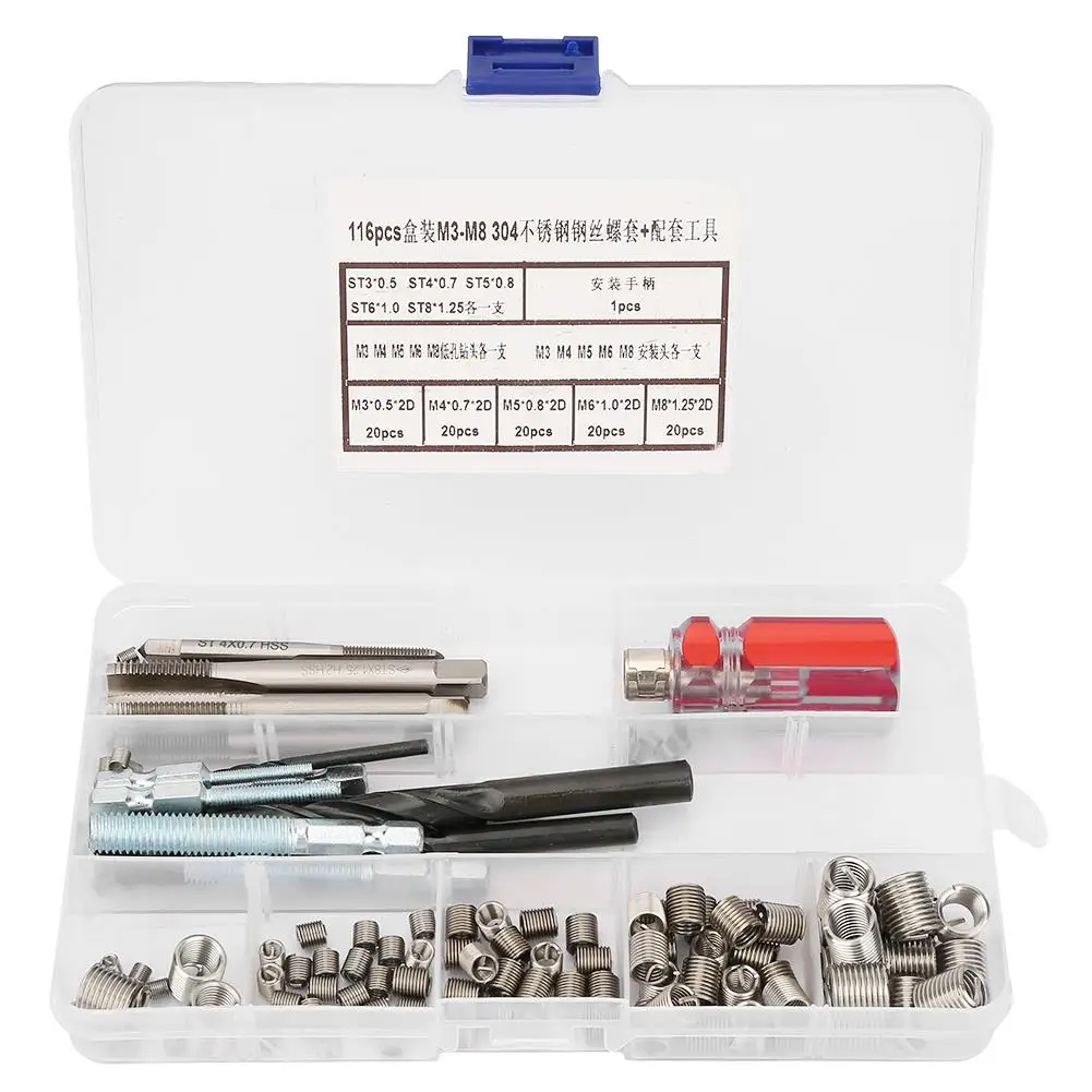 

116Pcs Stainless Steel Thread Repair Insert Kit - M3-M8 Screw Sleeve Tool Set