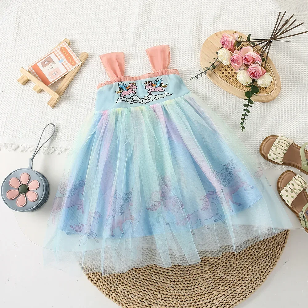 2024 Children Kids' girls dress summer mesh cartoon Unicore princess dress Chinese style mesh Dresses