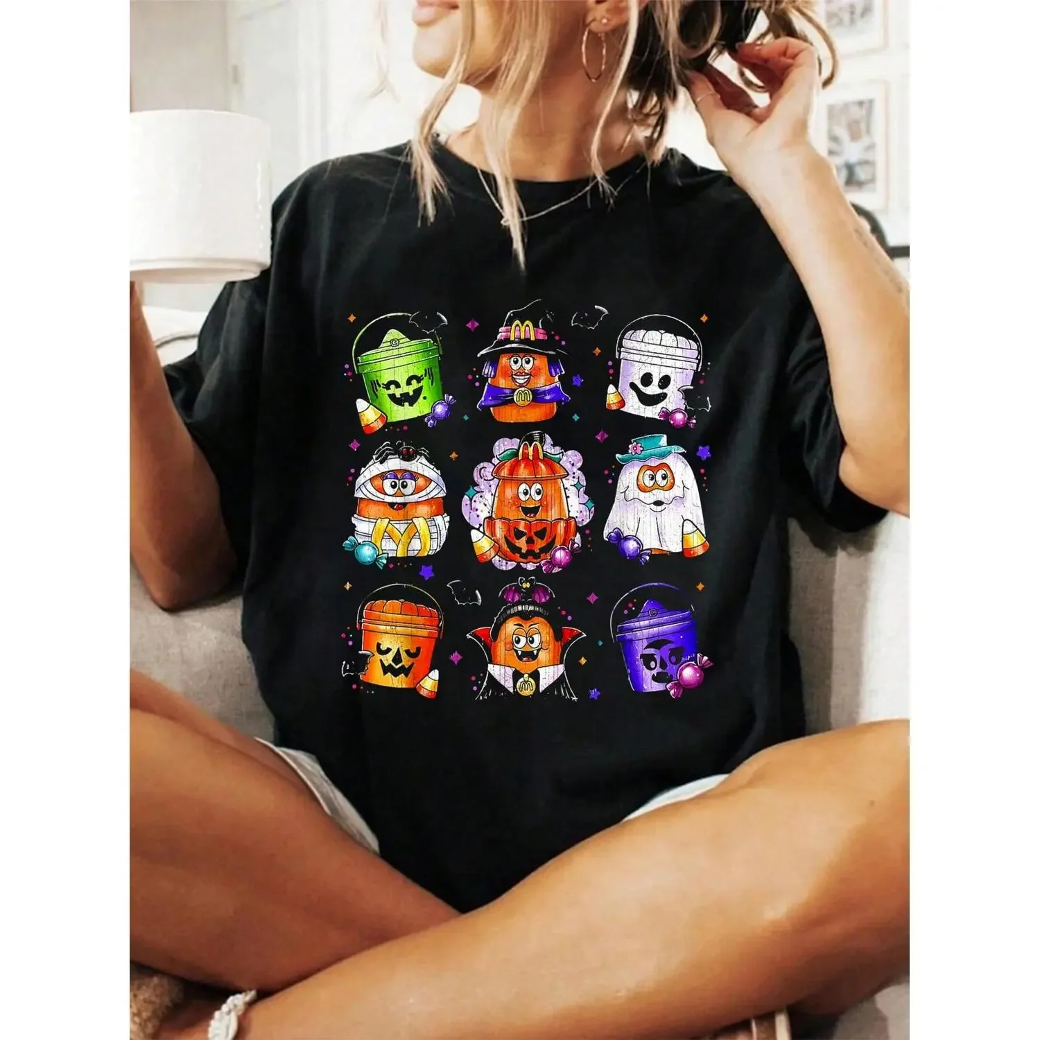 100% Cotton Halloween Graphic Women T Shirt Chicken Nuggets Pumpkin Halloween 90's Vintage T-Shirt
