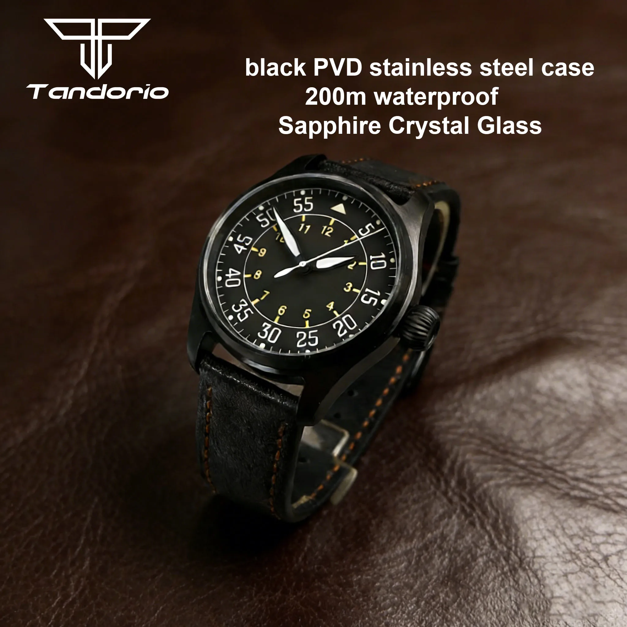 

Tandorio 20ATM Pilot Watch PVD Black Sunburst Japan NH35A Automatic Watch for Men Big Screw Crown Wristwatch 39mm