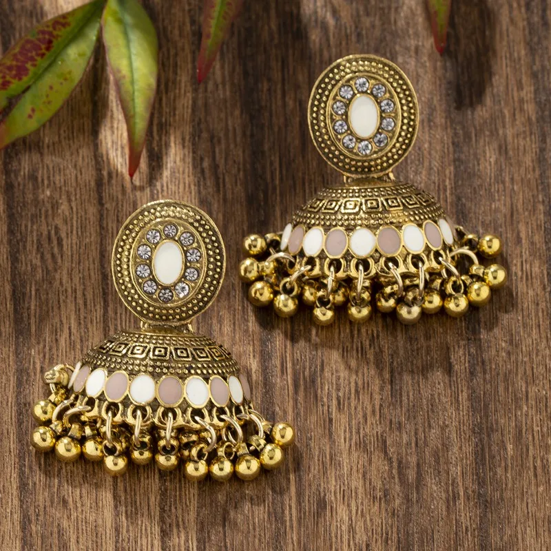 Indian Jhumka Bohemian Tassel Bell Water Drop Rhinestone Earrings for Women Retro Vintage Ethnic Temperament Ladies Earrings