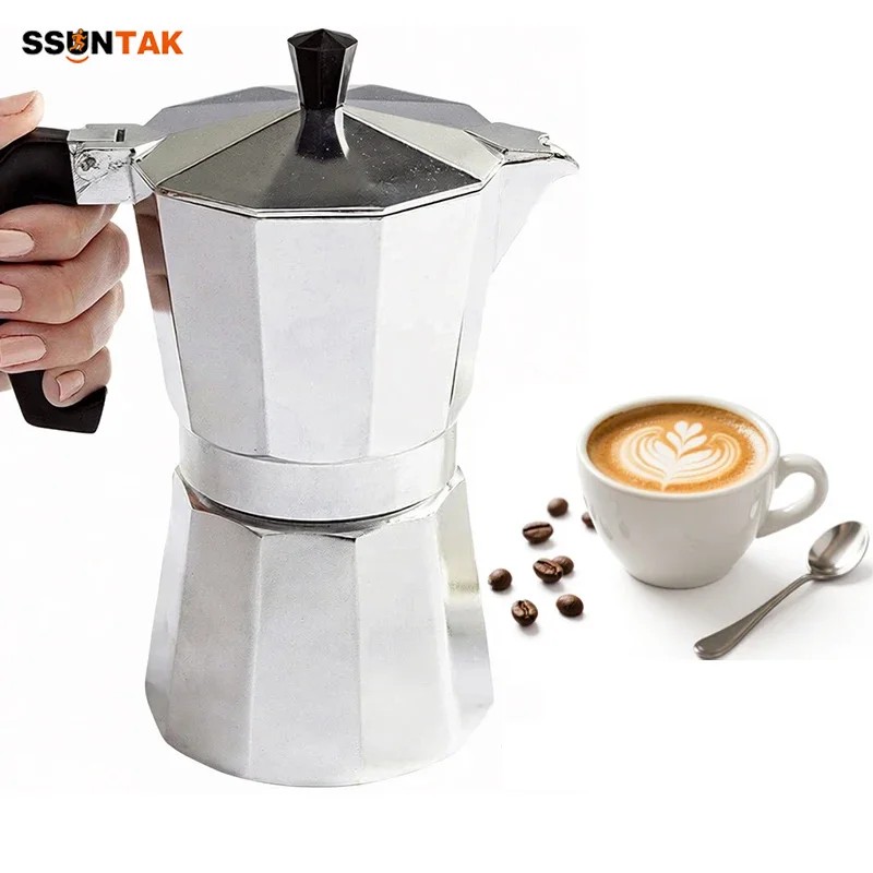 

SSUNTAK Silver Aluminum Octagonal Mocha Coffee Pot- Household Italian Stovetop Espresso Maker for Home,Outdoor Office Use Travel