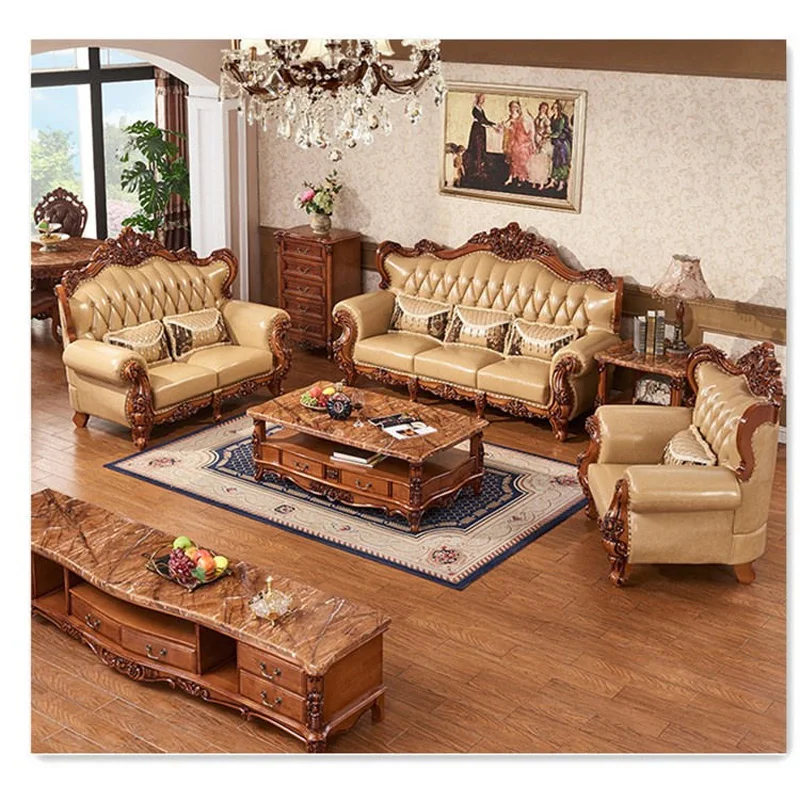 Sofá de Lujo Estilo Europeo para Sala de Estar, Madera Maciza Tallada por Ambos Lados, Cuero de Primera Calidad Estilo Americano, Mueble Nuevo