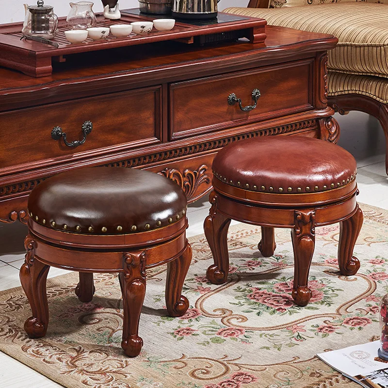 

coffee table side stool solid wood sofa stool American small round living room home low leather stool sitti