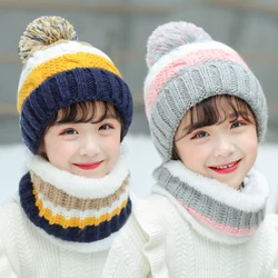 Winter Children Cute Sweet Plus Velvet Thick Wool Knitted Wool Ball Hat Girls Korean Version Warm Scarf Boys Kids Hedging Cap