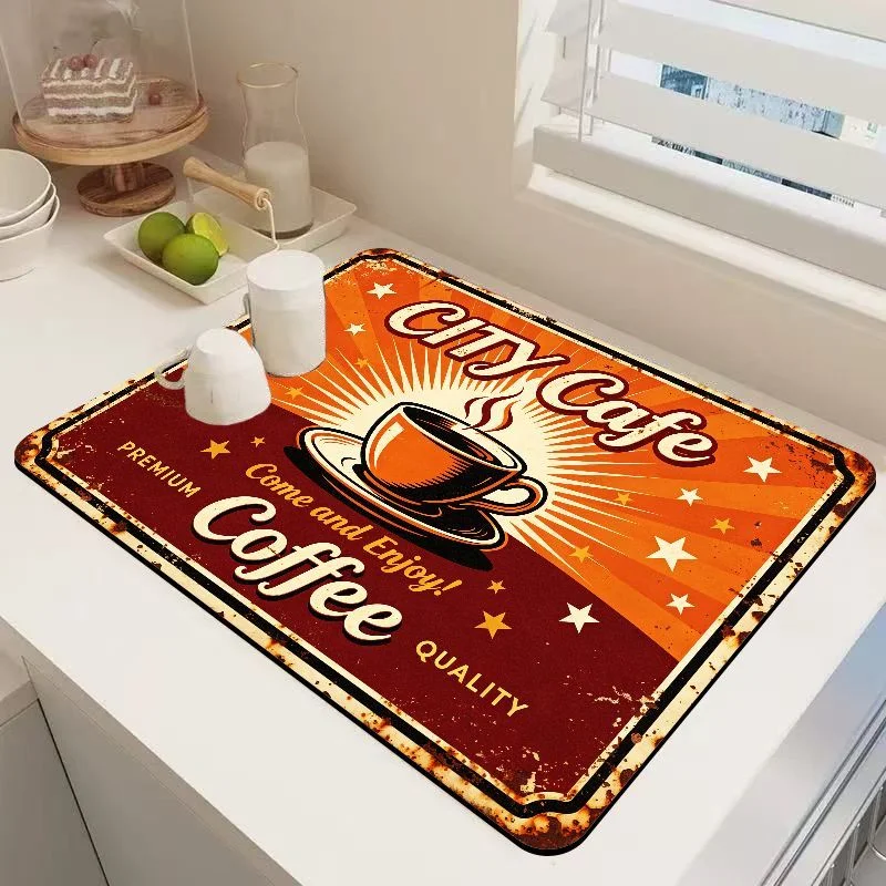 VIKAMA Multi Vintage Coffee Sign Absorbent Drying Mat Non Slip Coffee Machine Drain Pad Kitchen Accessory Gift For Coffee Lovers