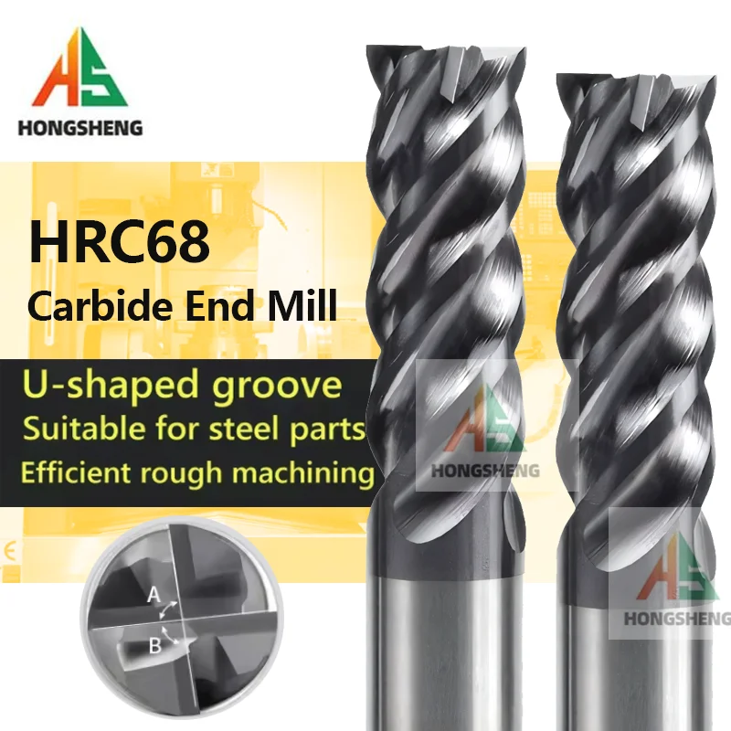 

Carbide End Mill HRC68 4 Flutes Metal Steel Tungsten Milling Cutter CNC U shape Big Chip Remover 1234568 10 12mm14mm 16mm 20mm