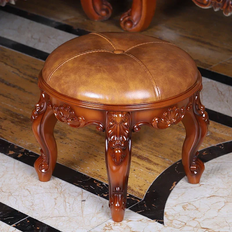 Retro Carved Small Stool Luxury Leather Cushion Creative Low Seat Elegant Room Sofa Chair Stylish Seating Decorative Footrest