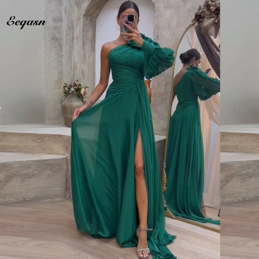 Customized One Shoulder Evening Dress A-Line Chiffon Long Sleeve Ruched Floor Length Split Formal Dresses Women Party Gown