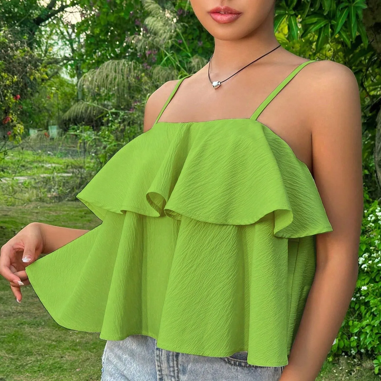 Crop Top No Padding Double Strap Top Sweet and Fresh Loose Fit Women Tanks with Wear as Outerwear Patchwork Non Stretch Summer