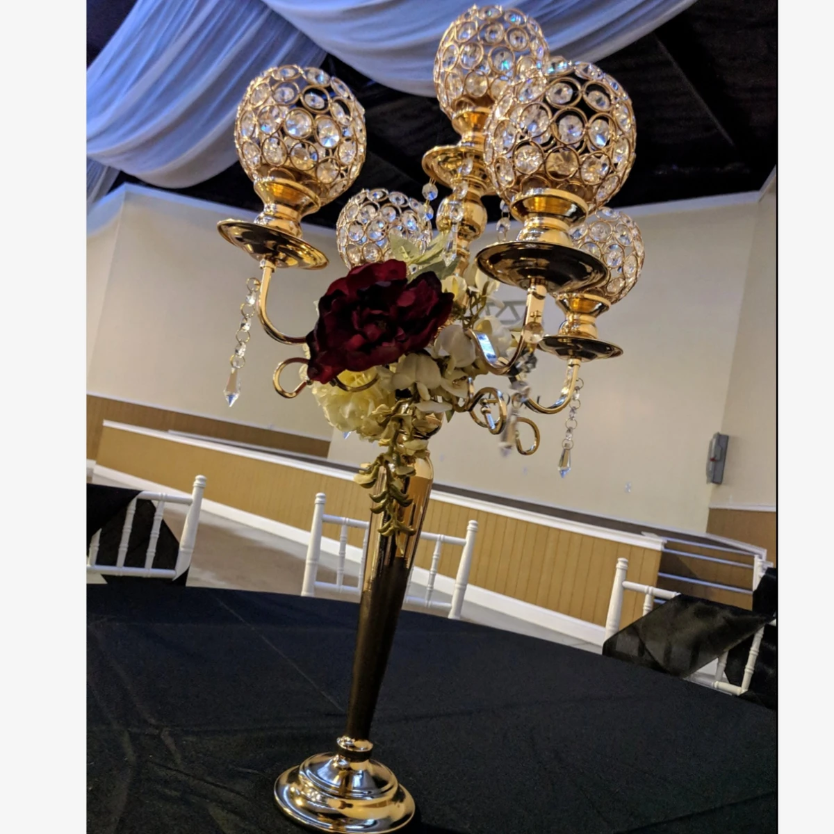 

4pcs to12pcs 60cm/90cm)Gold Crystal Candlestick 5 Arms Crystal Candelabra Wedding flower stand Table Centerpieces 1072