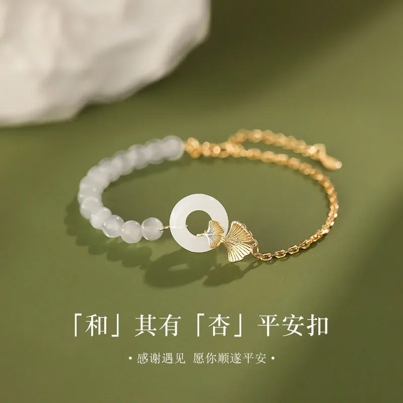 

New Original Opal Crystal String Beads Hetian Jade Peace Buckle Antique Sterling Silver Light Luxury Bracelet for Women