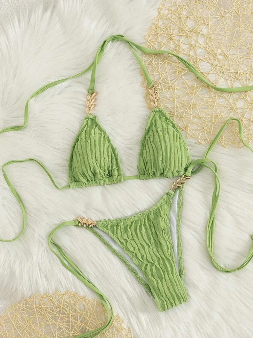 DEKA 2025 nouvelle couleur unie 2 pièces à lacets maillot de bain Sexy chaîne Triangle licou dos nu Bikini ensemble string maillot de bain maillots de bain