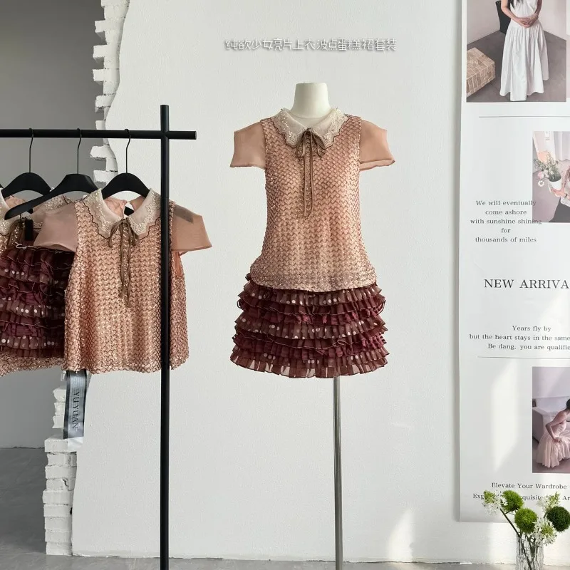 Summer Princess Women 2 Piece Set Sequin Embellished Lace Collar Bow Tiered Brown Polka Dot Cake Skirt Party Jirai Kei Outfits