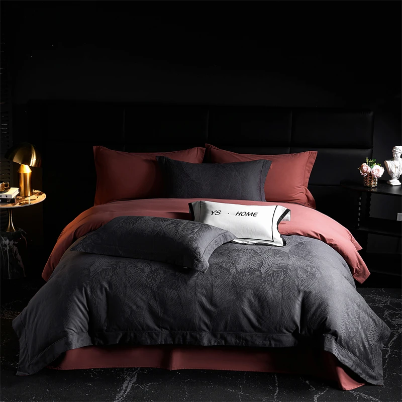 100% Cotton Brushed Jacquard Luxury Bedding Set Dark Gray Leaf Pattern Duvet Cover Bed Sheet Pillowcases Hotel Style Bed Linen