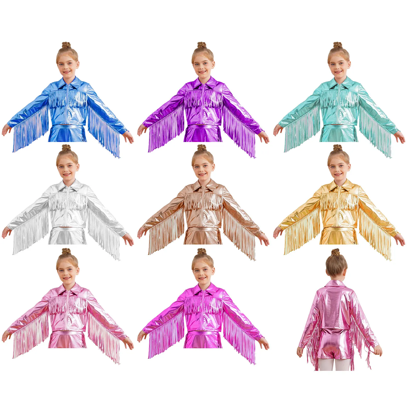 Kids Girls Shiny Jacket Baseball Coat Long Sleeve Front Zip Up Fringe Outerwear Jazz Modern Dancing Party Performance Jackets