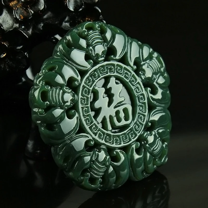 

Hotan Green Jade Fortune Pendant Double-sided Five Blessings Home