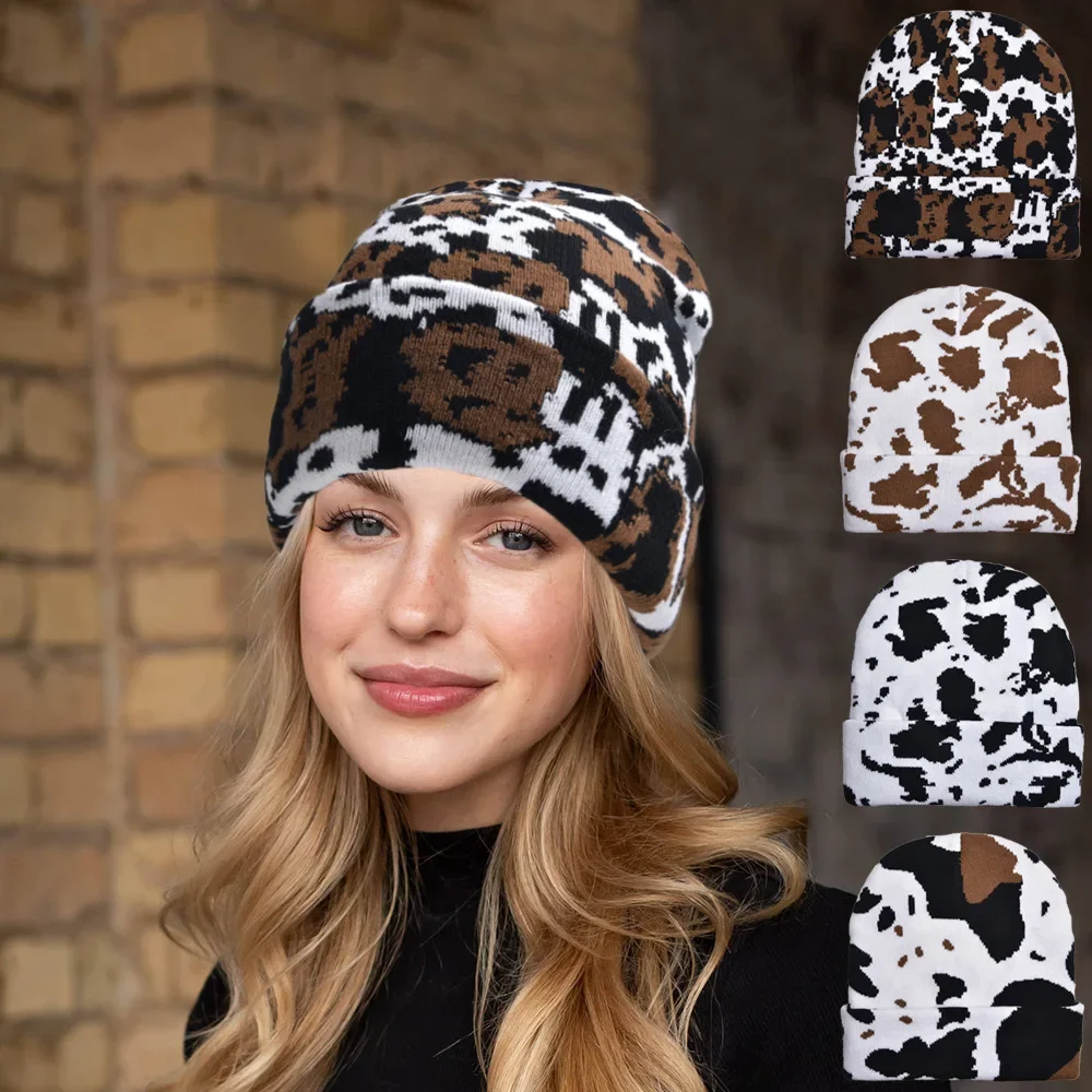 

Cow Print Winter Hats for Women Men Checkered Pattern Beanie Knitted Soft Warm Ski Cap