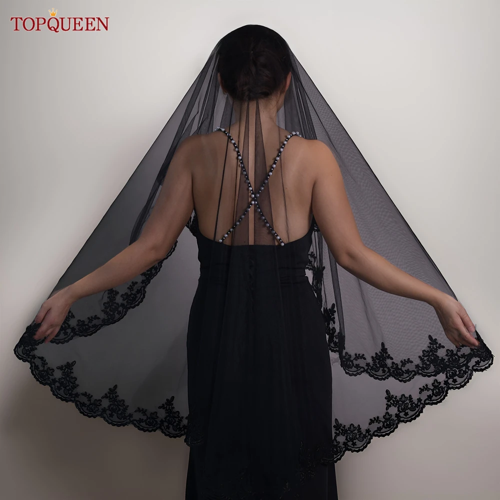 TOPQUEEN V65 Wedding Bridal Veil No Comb Drop Veil Elbow Length Black Veil Cover Front and Back on the Face Swiss Veu Duba