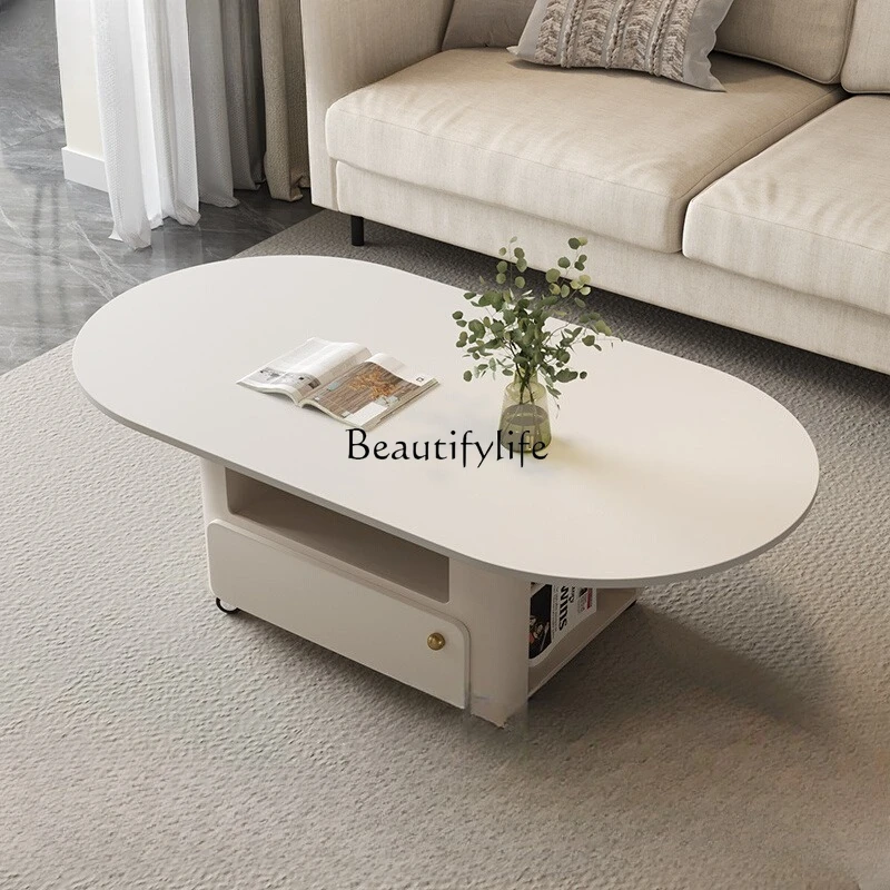 

French Style Sintered Stone Coffee Table, Movable Cream Style, Home Living Room, Round Small Apartment Trolley