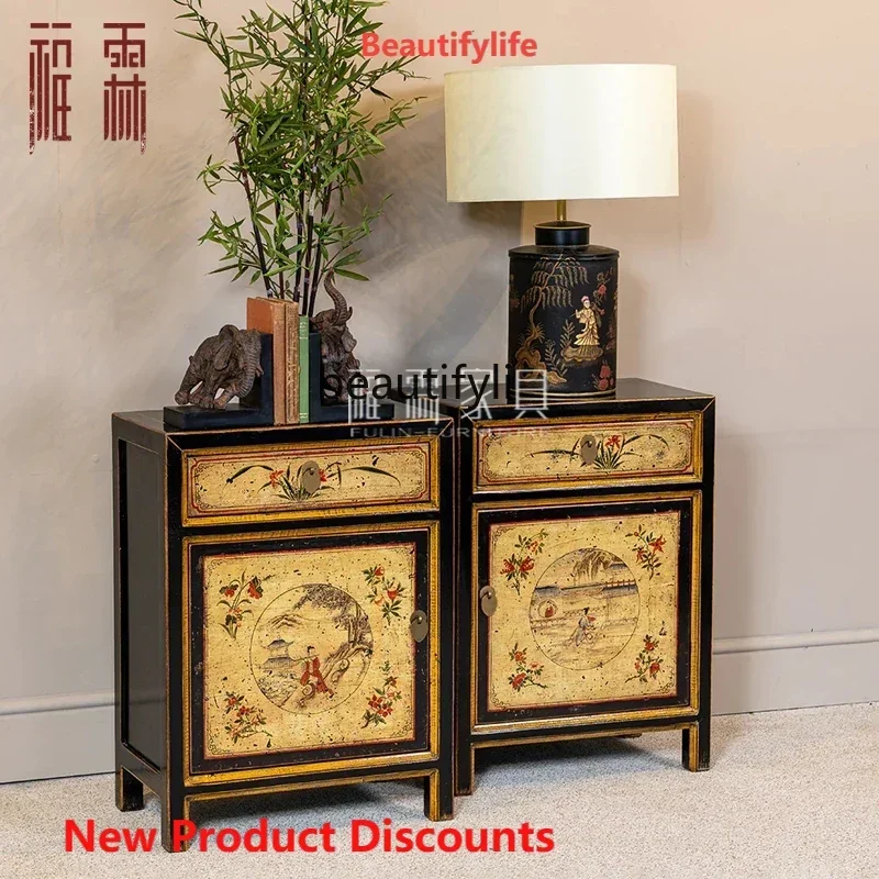 ss8350 Chinese retro hand-painted bedside table two doors solid wood painted old furniture classical side cabinet