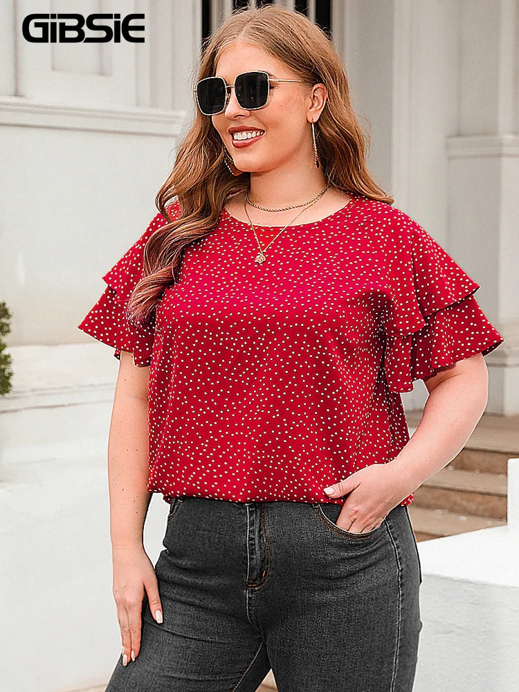 GIBSIE Plus Size Polka Dot O-Neck Layered Butterfly Sleeve Blouse Women Boho Fashion Summer Sweet Loose Casual Tops Blouses