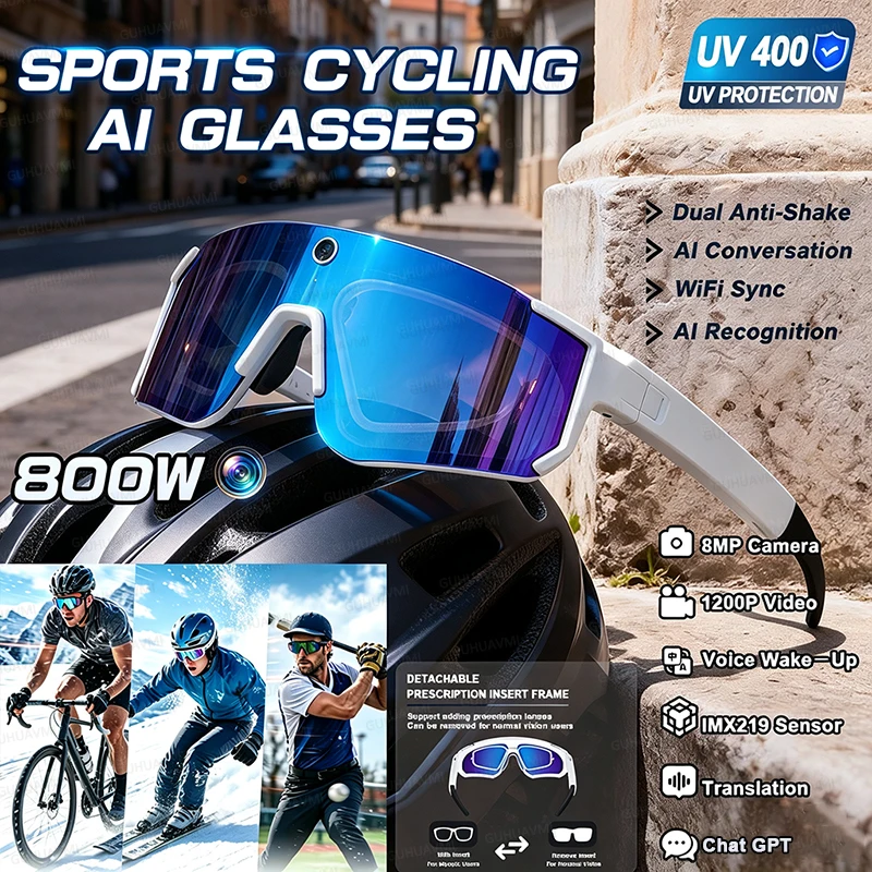 2026 New AI Smart Glasses With Camera 1200P Video Recording Anti-Shake Shooting AI Recognition Bicycle Riding Windproof Goggles