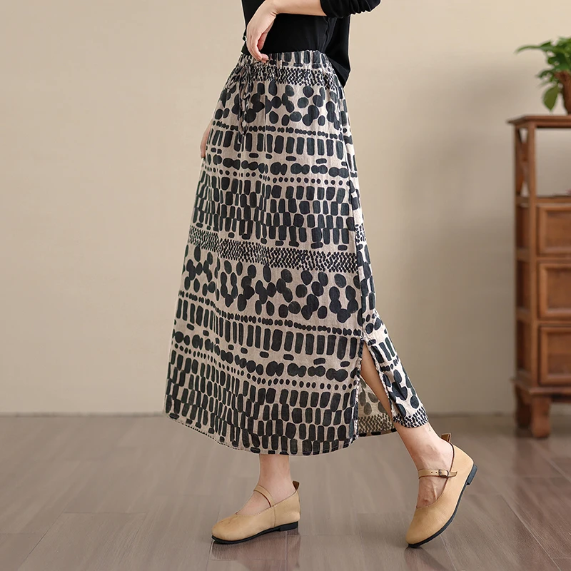

High Quali Retro Waed Linen Digital Print f Skirt Cardigan Spring Autumn New Sle Casual Versatile Commute Cotton Blend