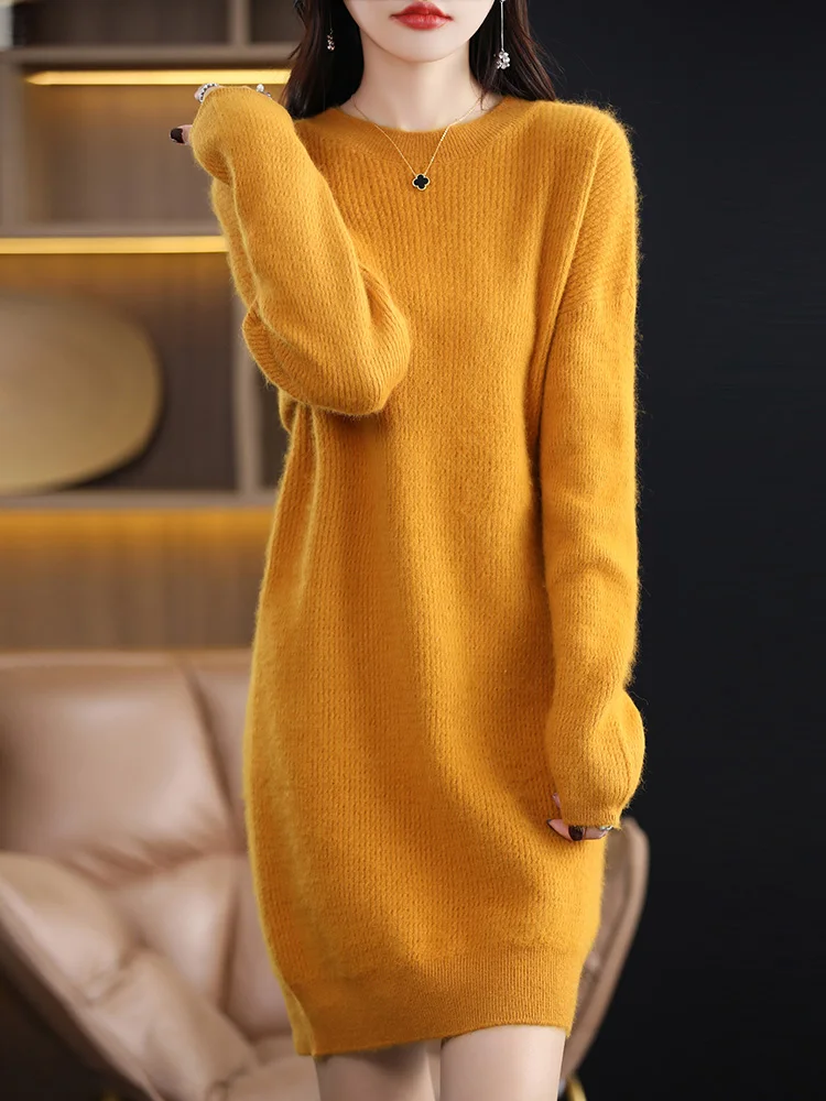 Women\'s Cashmere Dress O-neck Sweater Pullovers Autumn Winter 100% Mink Cashmere Knitwear Thick Skirts Basic Casual Long Sleeve