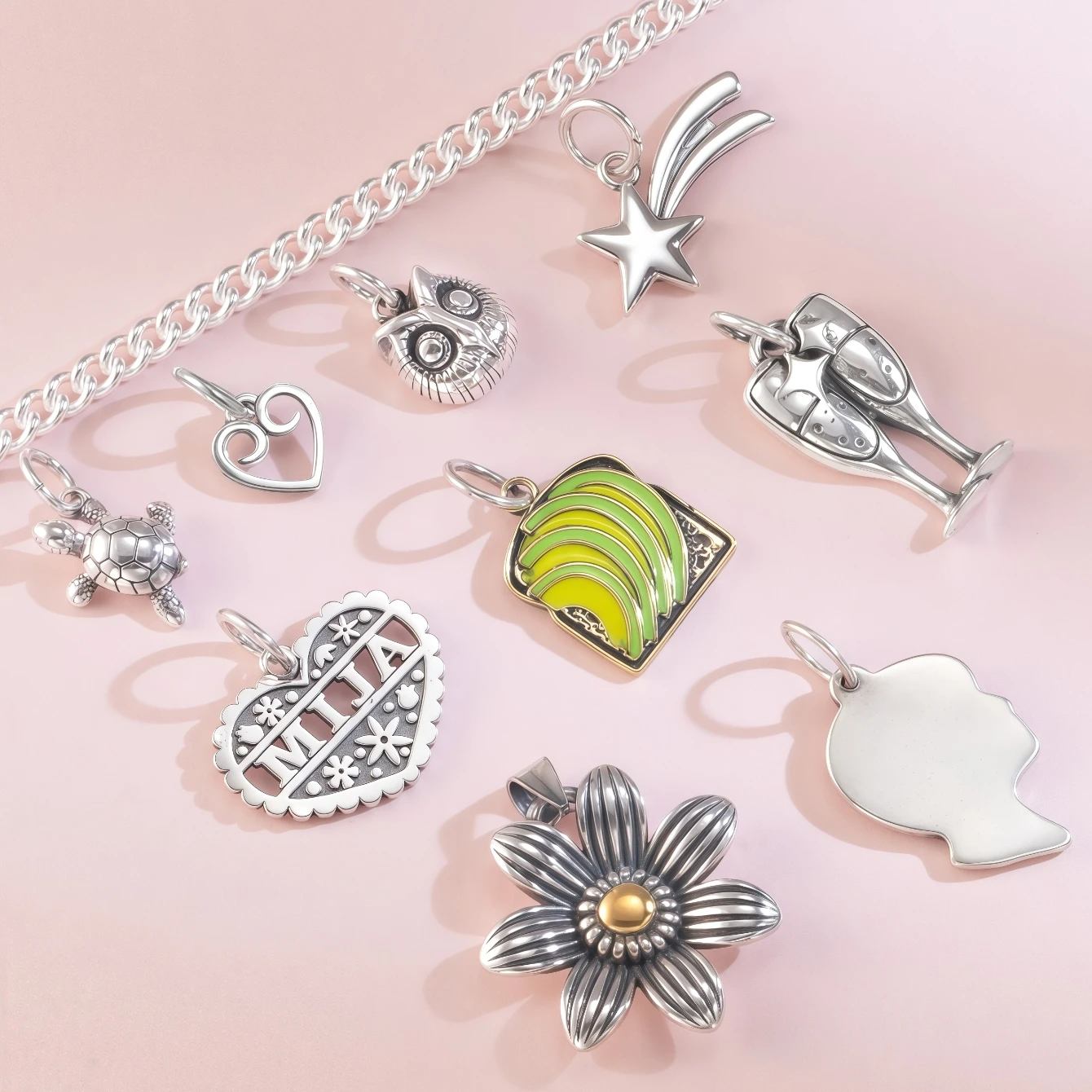 سلسلة المجوهرات الفضية S925 James Avery Retro: قلادة البومة والسلحفاة والأفوكادو والأفوكادو والشمبانيا ذاتية الصنع